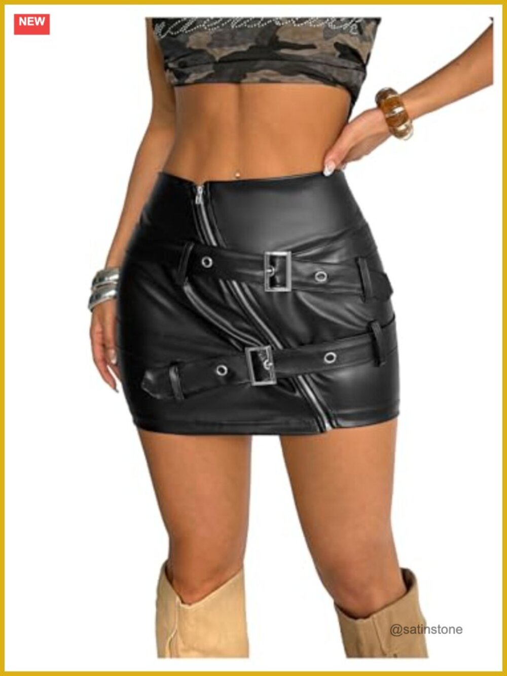 Women's PU Leather Buckle Mini Skirt Drop Waisted Y2K Zipper Club Bodycon
